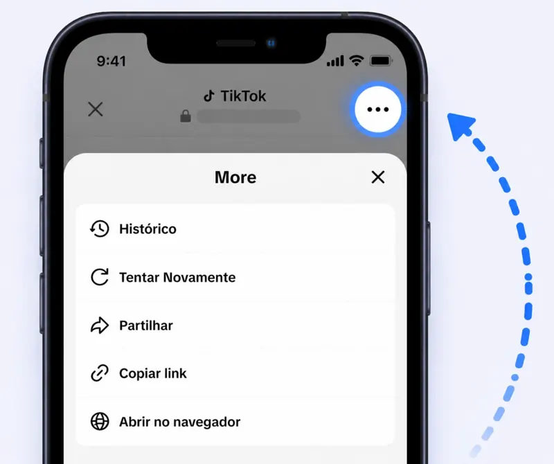 Menu do TikTok mostrando a opção Abrir no navegador